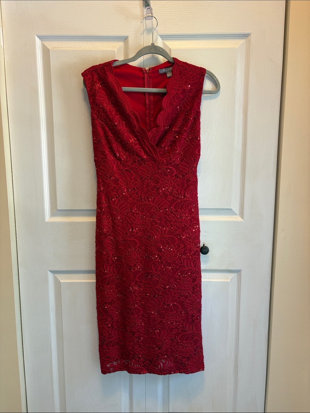 Red Lace Midi Dress with Scalloped V-Neck